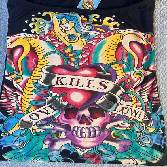 RARE Ed Hardy Womens Vintage Y2K Tattoo Wear Halter Collar Button Cotton T Large - Picture 5 of 10